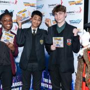 Regional ‘speaking out’ champ Wazid Chwdury (centre) with runners-up Opeyemi Oreyeni (left) and Mitchell Weedon-Hedges joined by the Mayor of Barking and Dagenham