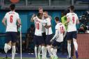 England's Harry Kane (centre) celebrates scoring their side's first goal of the game during the UEFA Euro 2020 Quarter Final match at the Stadio Olimpico, Rome. Picture date: Saturday July 3, 2021.
