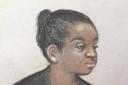 Court artist sketch of Agnes Taylor, the ex-wife of former Liberian president Charles Taylor. Picture: Elizabeth Cook/PA .