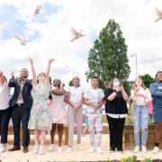 Deputy council leader Cllr Dominic Twomey, Cllr Alison Cormack and mayor Cllr Faruk Choudhury join children to release doves to mark the park's opening