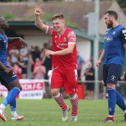 Charlie Ruff of Hornchurch scores the fourth goal for his team and celebrates during Hornchurch vs Walthamstow, Emirates FA Cup Football at Hornchurch Stadium on 18th September 2021