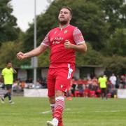 Sam Higgins of Hornchurch scores the second goal for his team and celebrates during Hornchurch vs Potters Bar Town, Pitching In Isthmian League Premier Division Football at Hornchurch Stadium on 30th August 2021