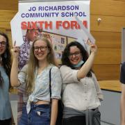 Sixth formers from Jo Richardson Community School celebrate on A Level results day 2021.