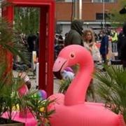A giant, inflatable pink flamingo perches in the middle of the shopping arcade as the film crew gets to work.