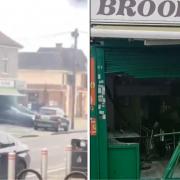 A video shows a car ramming into a pie and mash shop in Dagenham before driving away