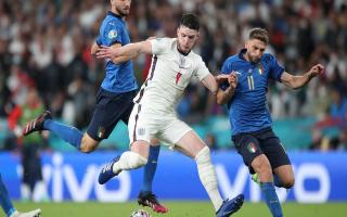England's Declan Rice (centre) battles with Italy's Bryan Cristante (left) and Domenico Berardi during the UEFA Euro 2020 Final at Wembley Stadium, London. Picture date: Sunday July 11, 2021.