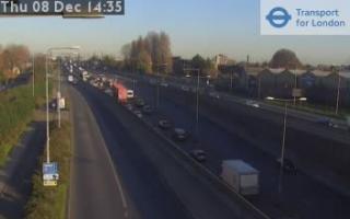 A traffic camera shows queues at the A13 junction with Movers Lane
