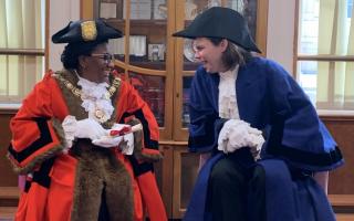 Cllr Donna Lumsden giving actor Will Haswell tips on how to play the mayor
